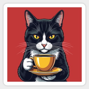 Smug Black Cat Sipping Steamy Coffee Sticker
